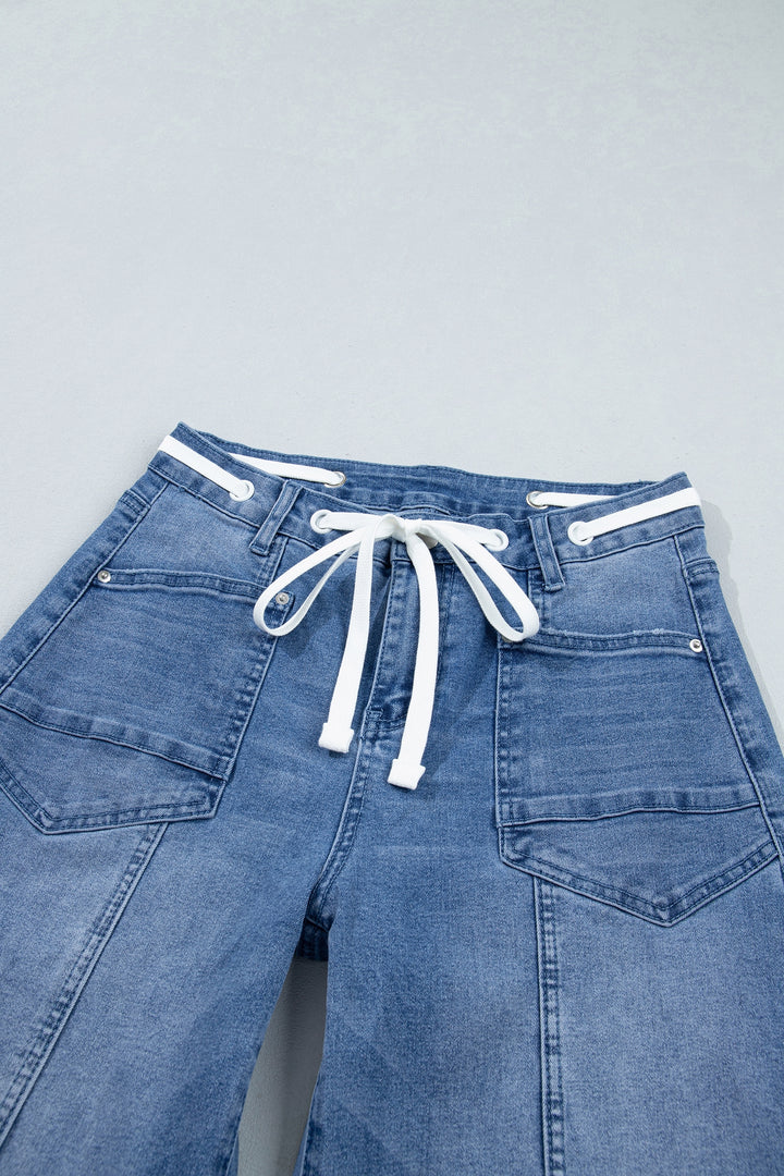 Beau Blue Solid Patchwork Grommet Tie Waist Loose Ankle-Length Jeans