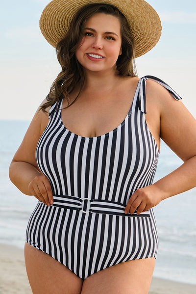 Black Stripe Plus Size Self Tie Straps O-Ring Waistband One Piece Swimsuit