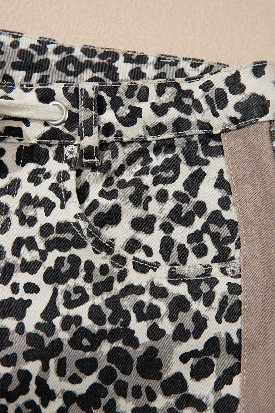 Khaki Leopard Print Drawstring Waist Straight Leg Jeans