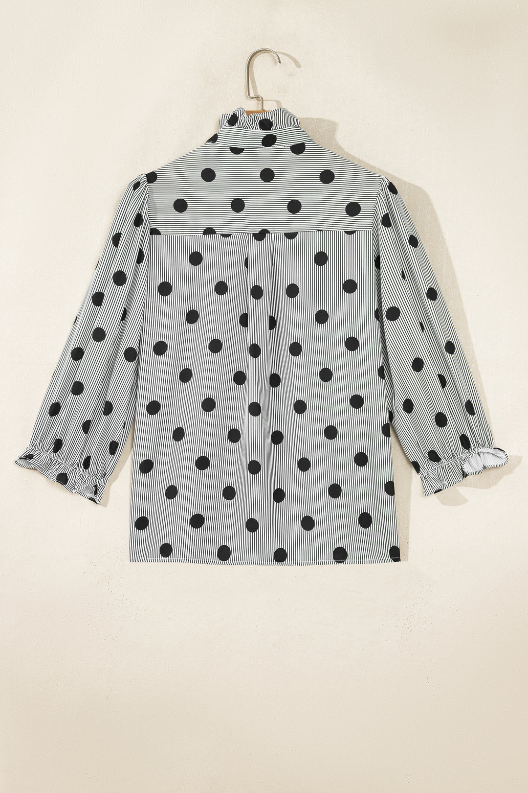 Black white Polka Dot Striped Print Ruffle Stand Neck 3/4 Sleeve Shift Shirt
