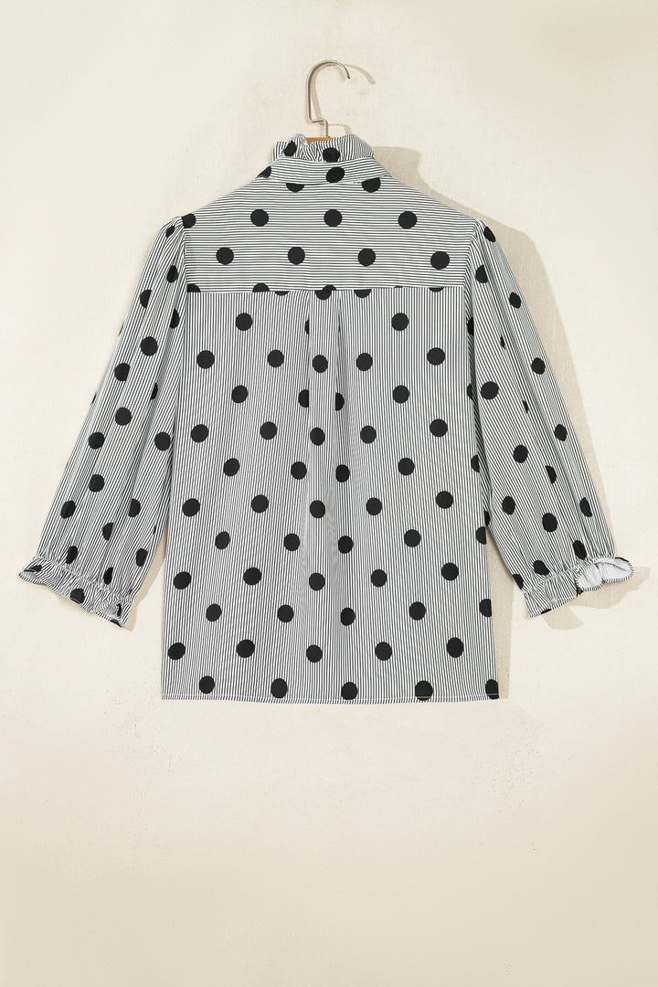 Black white Polka Dot Striped Print Ruffle Stand Neck 3/4 Sleeve Shift Shirt