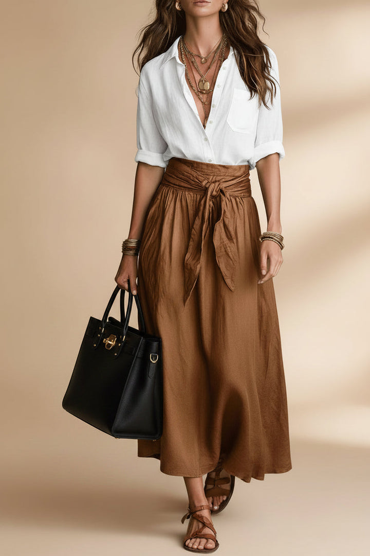 Button-Down Shirt &amp; High-Waist Tie Skirt Two-Piece Set