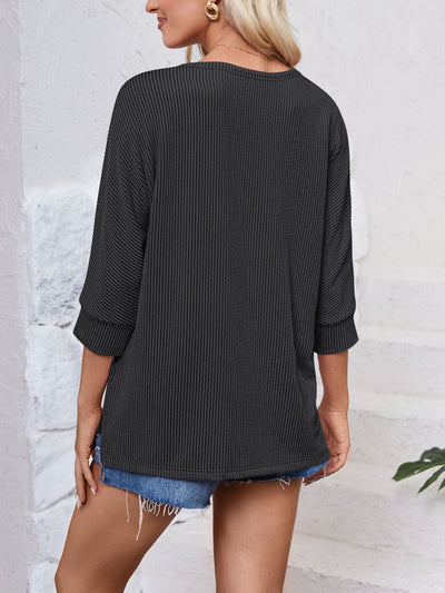 Lovelet Textured Round Neck Three-Quarter Sleeve Blouse