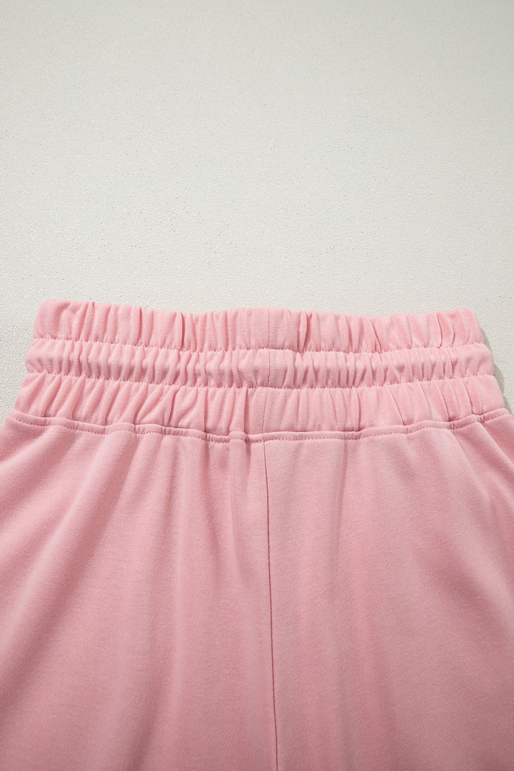 Light Pink Solid Color Loose Tee Drawstring Wide Leg Pants 2pcs Outfit