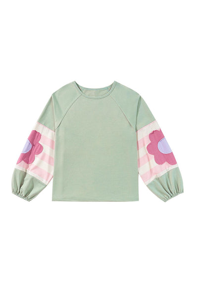 Smoke Green Flower Patchwork Raglan Sleeve Exposed Seam Oversized Top