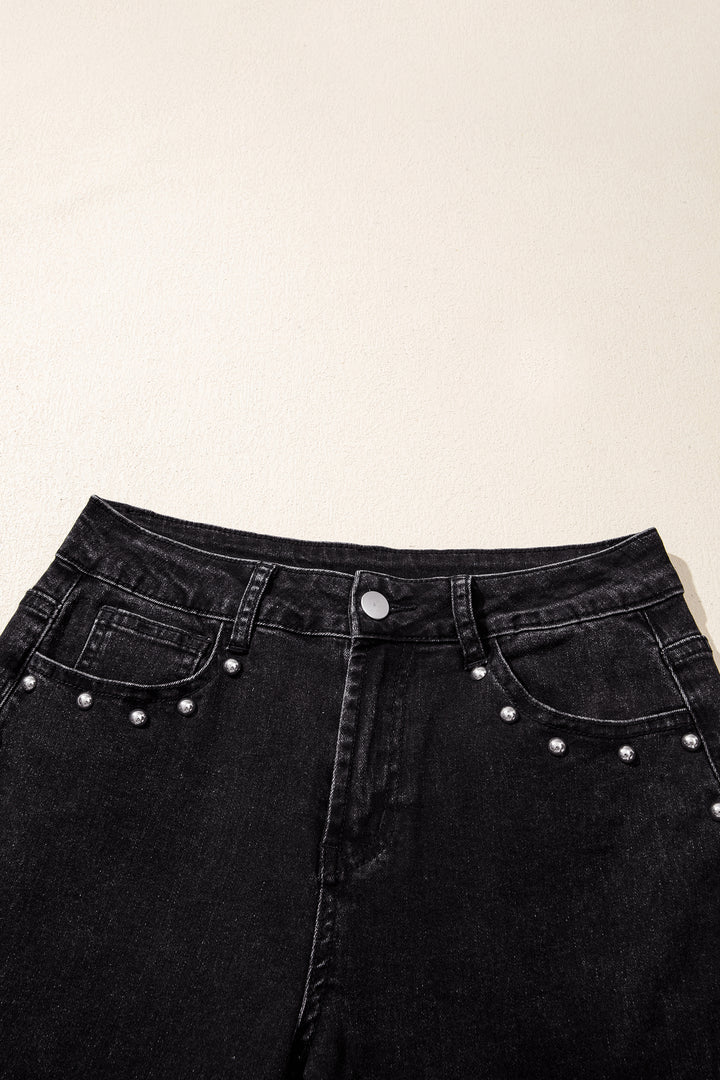 Black Studded Detail Straight Leg Casual Loose Jeans