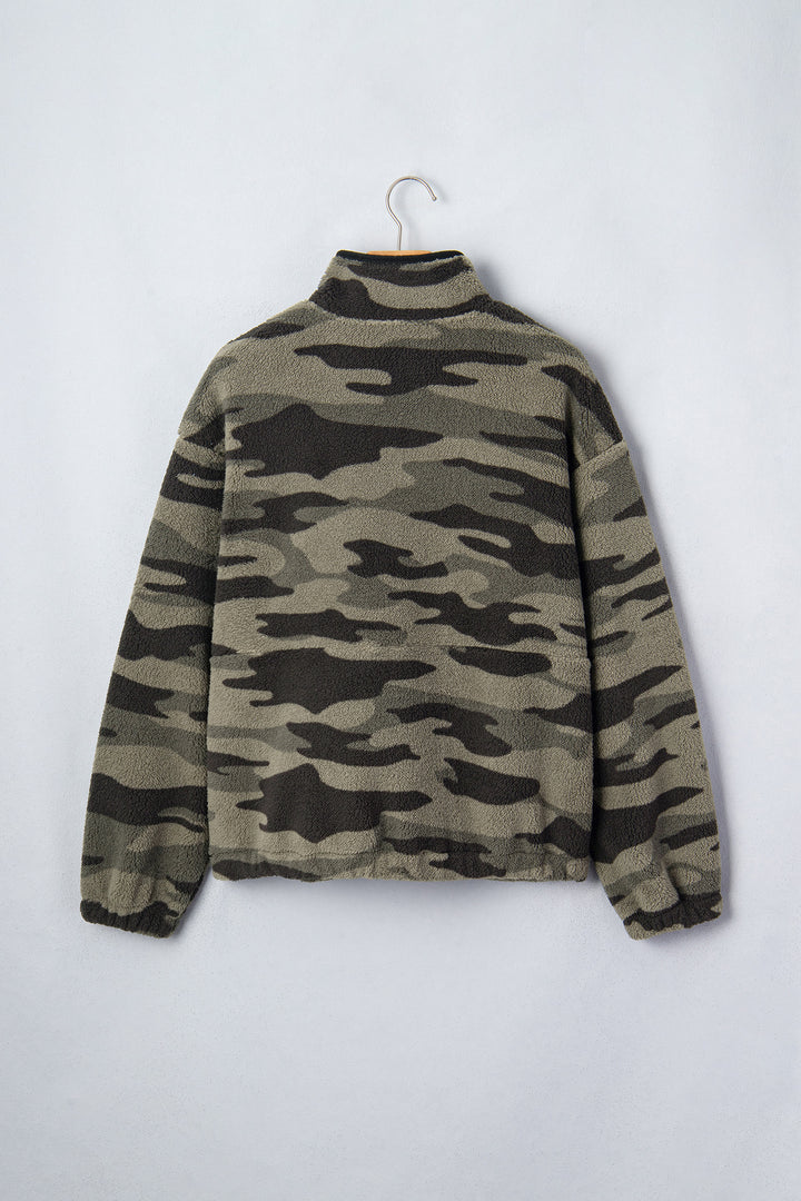 Multicolour Camouflage Fleece Half Zip-Up Long Sleeve Pocket Sweatshirt