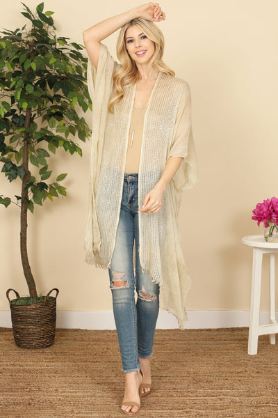 Hdf2498 - Glittered Fringed Open Cardigan