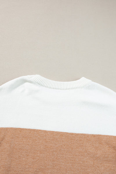 Straw Yellow Colorblock Ribbed Trim Round Neck Sweater