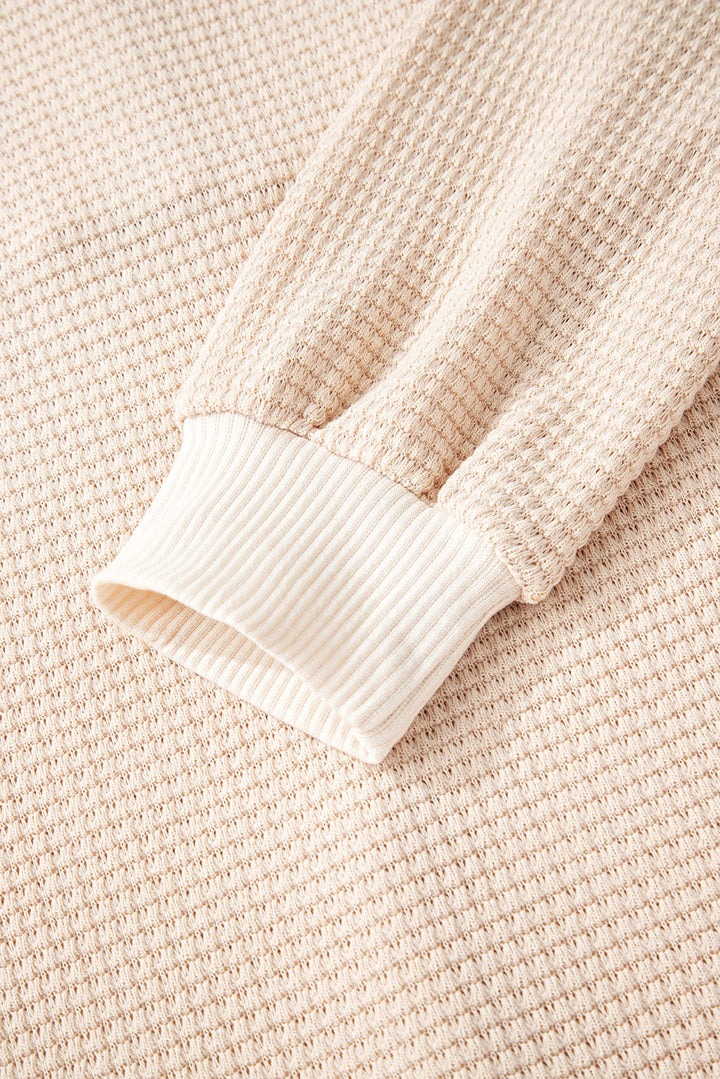 Oatmeal Waffle Patchwork Drop Shoulder Hooded Long Sleeve Top