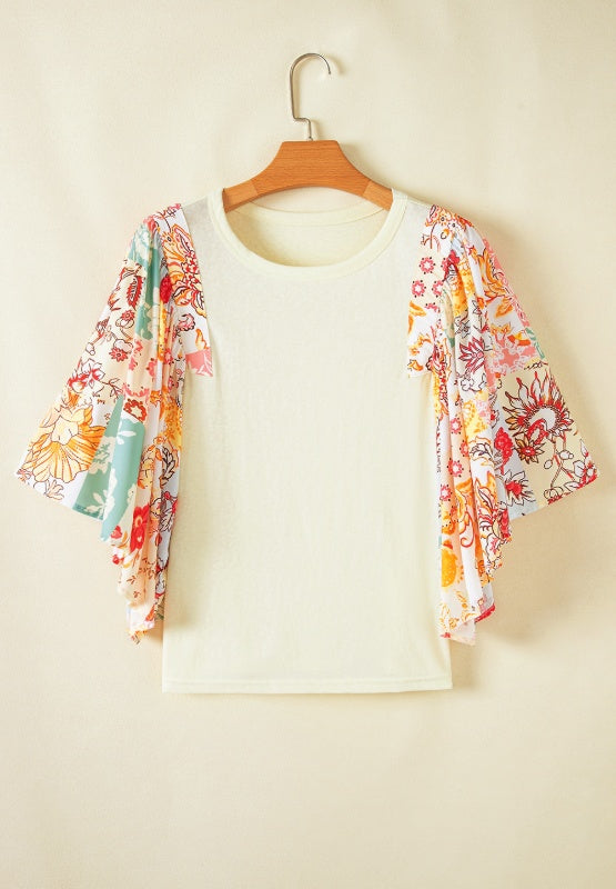 Printed Round Neck Flutter Sleeve Blouse