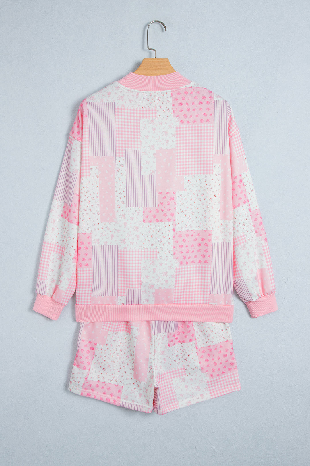 Light Pink Patchwork Floral Print Drop Shoulder Baggy Pullover Drawstring Shorts Set