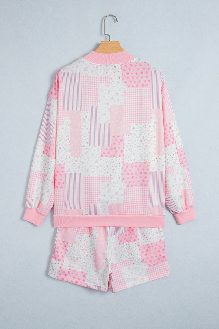 Light Pink Patchwork Floral Print Drop Shoulder Baggy Pullover Drawstring Shorts Set
