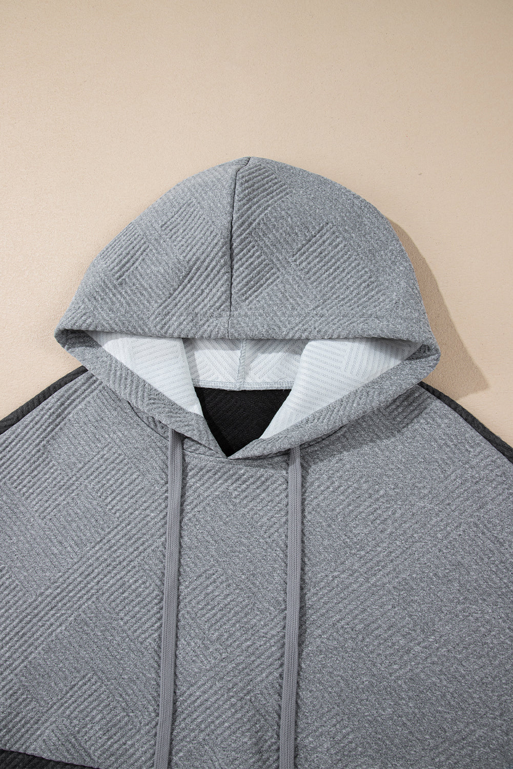 Gray Textured Color Block Kangaroo Pocket Drop Shoulder Hoodie