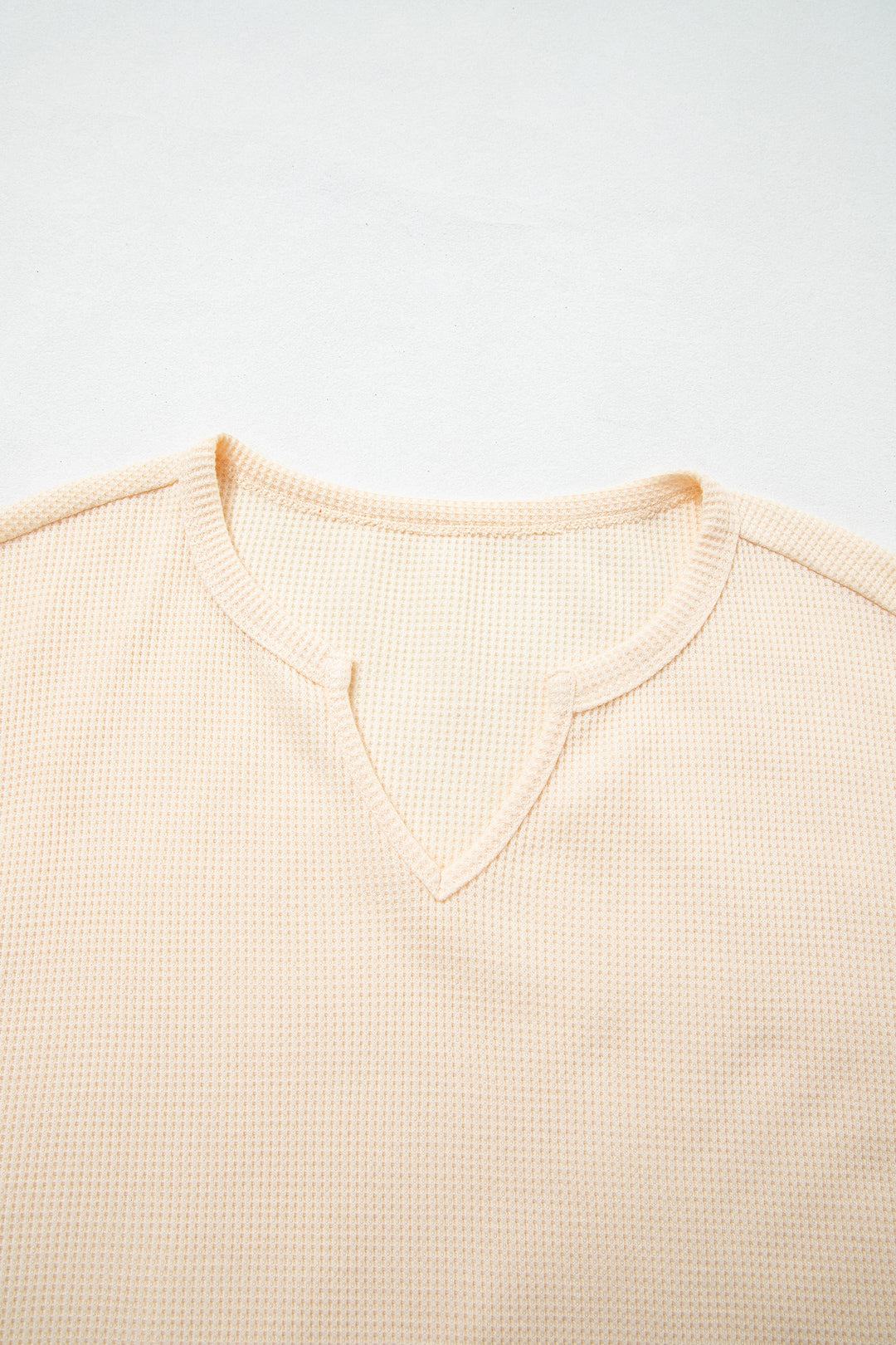 Beige Waffle Textured V Neck Plaid Colorblock Drop Shoulder Long Sleeve Top