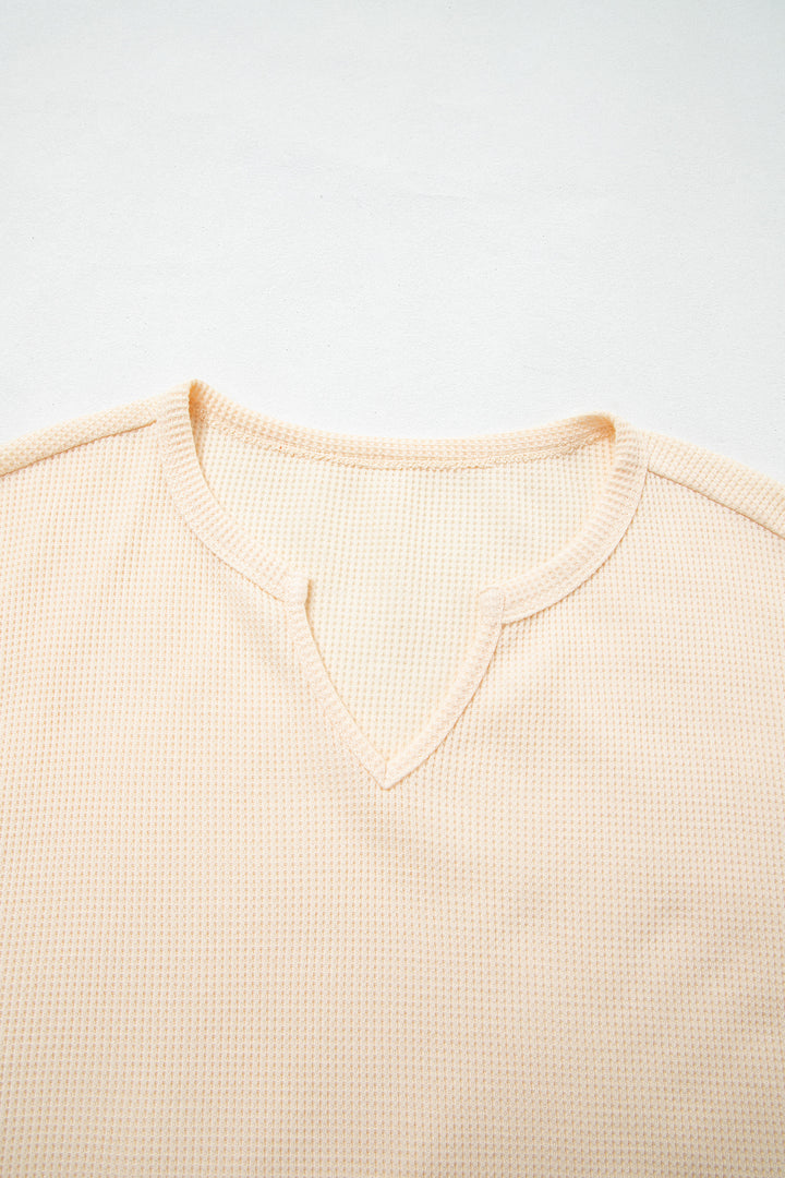 Beige Waffle Textured V Neck Plaid Colorblock Drop Shoulder Long Sleeve Top
