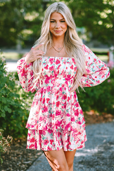 Pink Ruffle Tiered High Waist Puff Sleeve Floral Dress