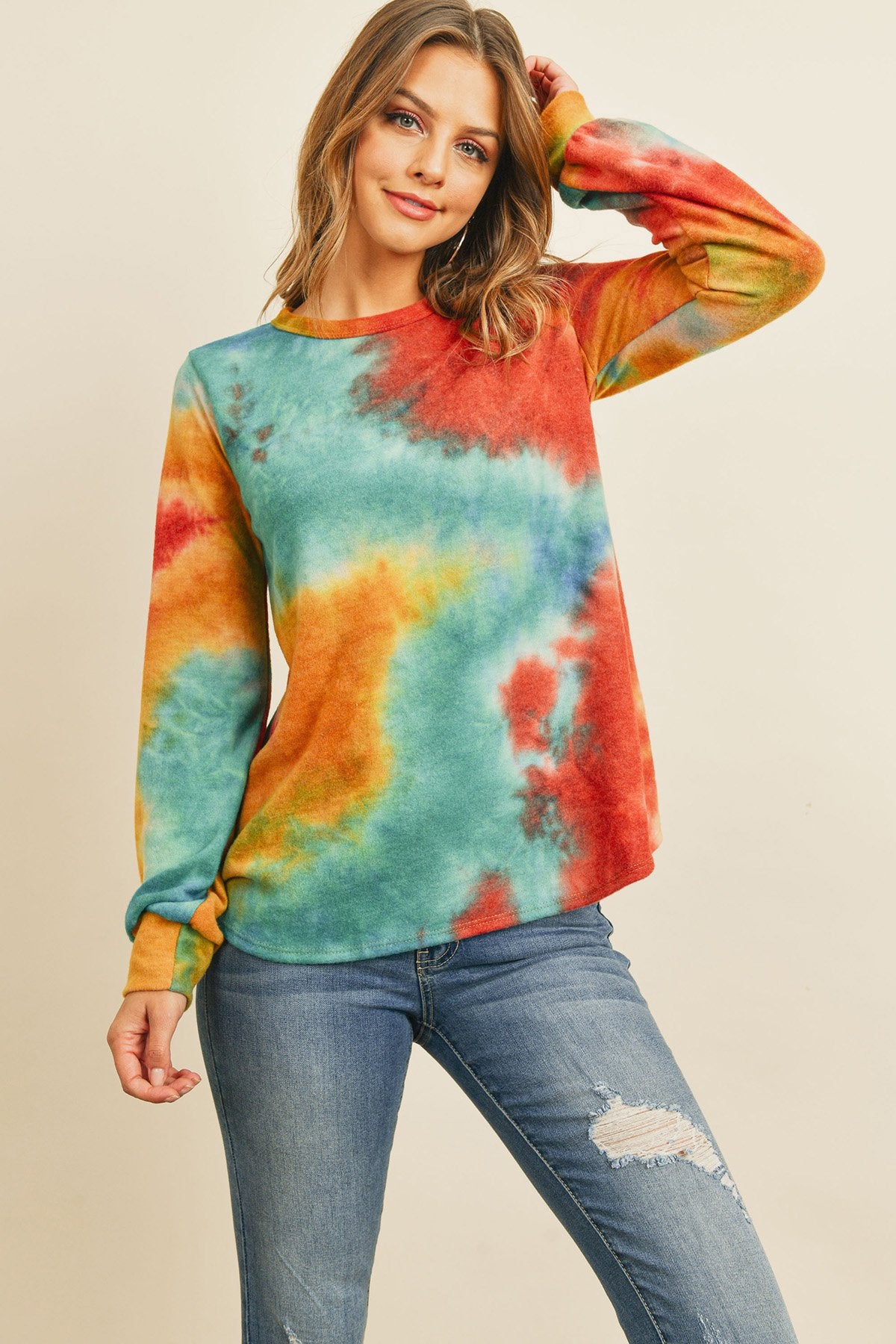 Long Sleeve Boat Neck Tie Dye Round Hem Top