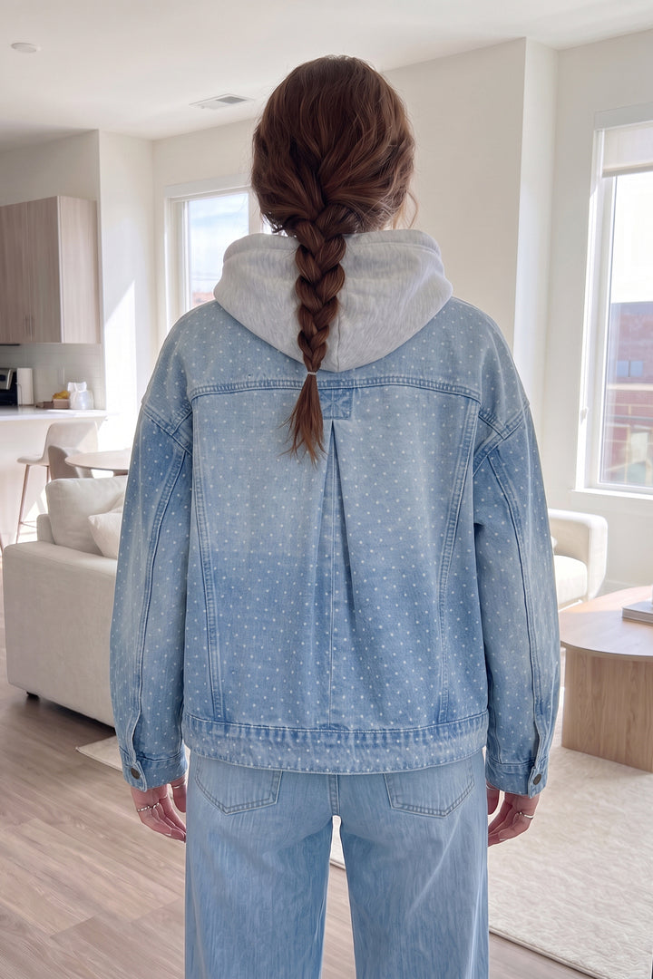 Sky Blue Polka Dot Long Sleeve Collar Pocket Casual Shift Silhouette Denim Jacket