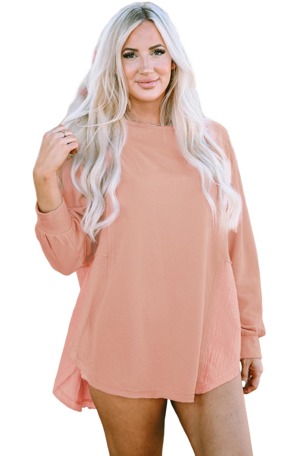 Crinkle Splicing Raw Hem High Low Oversized Blouse