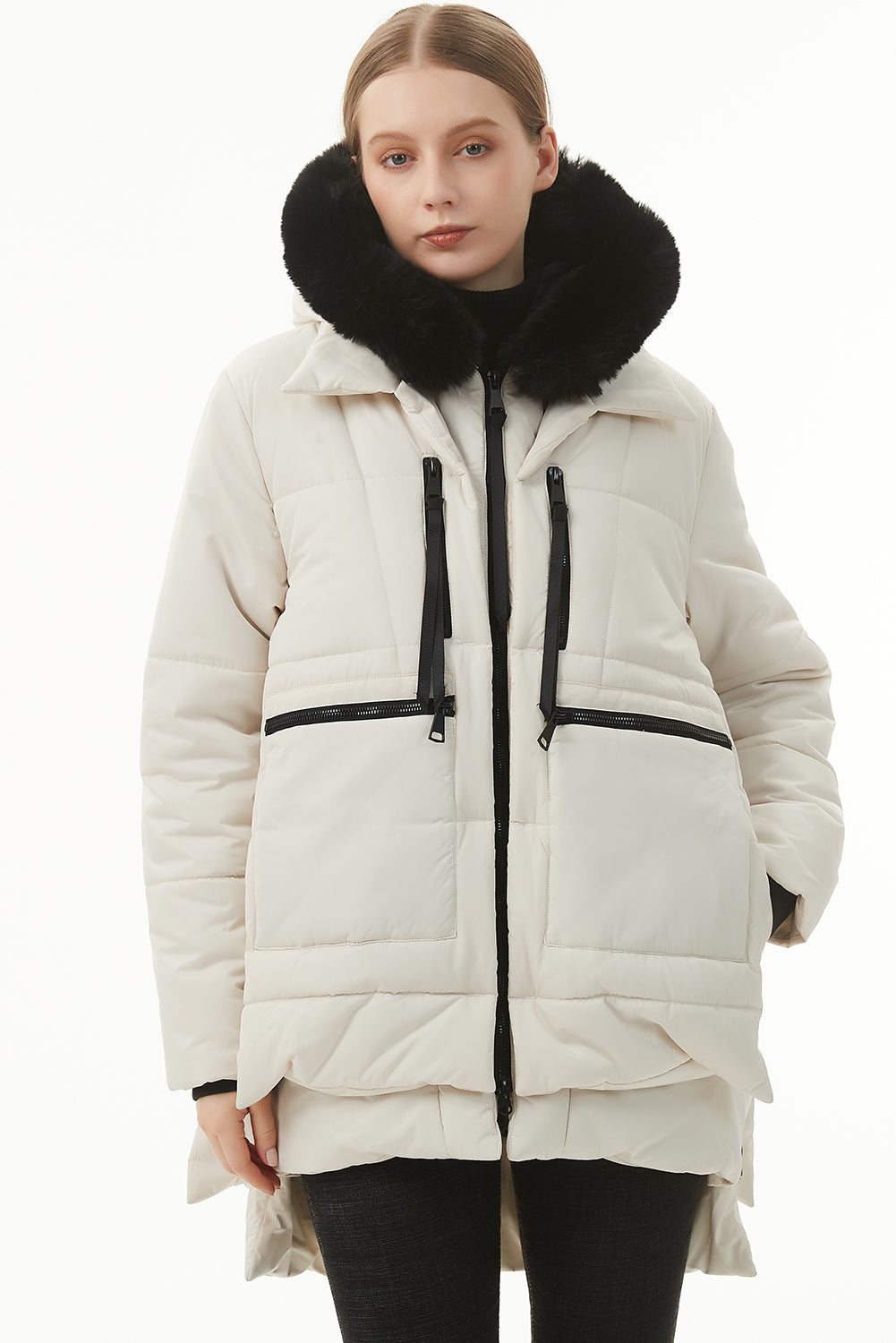 Beige Plush Linen Zip Up Hooded Puffer Coat