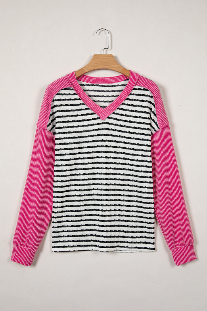 Black Stripe Textured Knit Twisted Rib Contrast Patchwork V Neck Long Sleeve Top