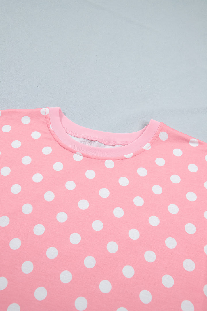 Beige Polka Dot Oversized Top Drawstring Short Set