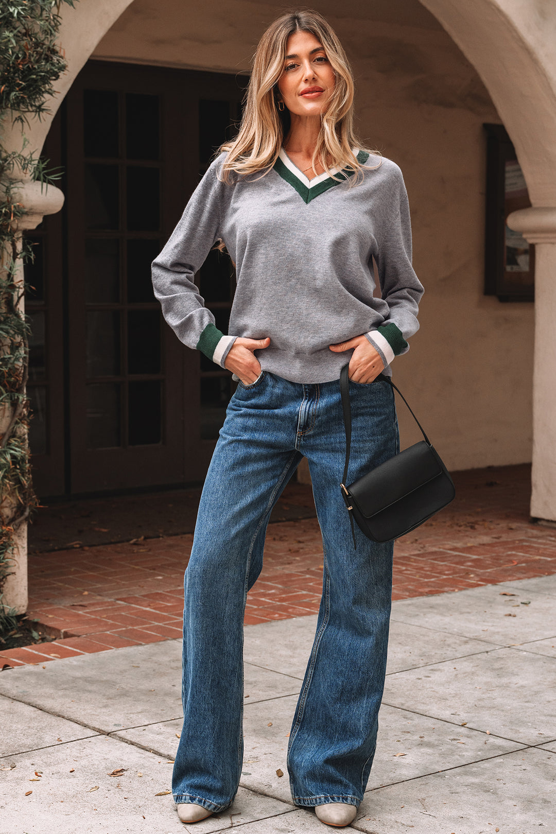 Gray Contrast Striped Trim V Neck Varsity Sweater