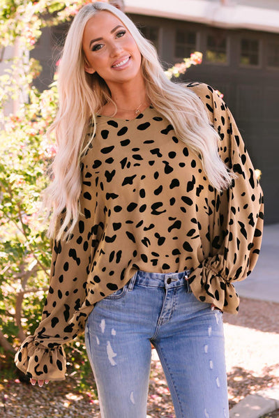 Leopard V Neck Ruffled Cuffs Loose Blouse