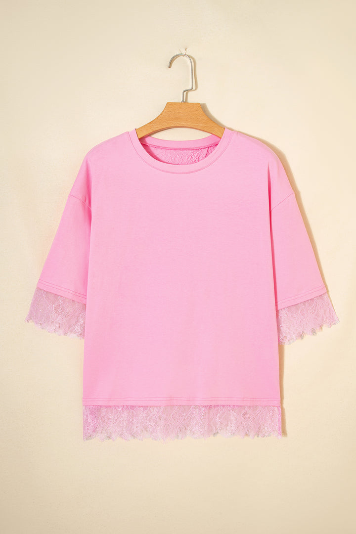 Pink Eyelash Floral Lace Patchwork Half Sleeve Oversize Tee