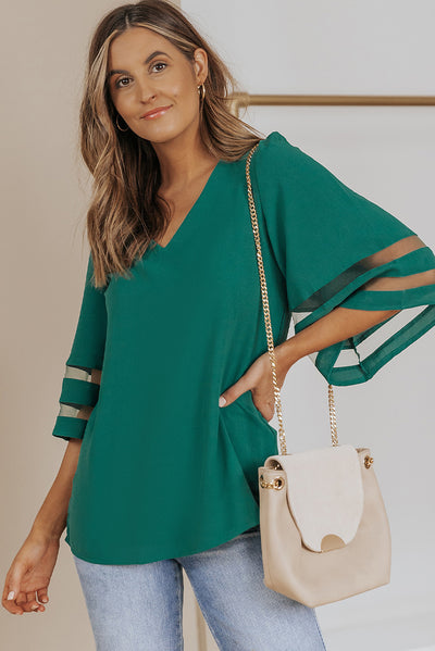 Green Flare Sleeve V Neck Loose Blouse