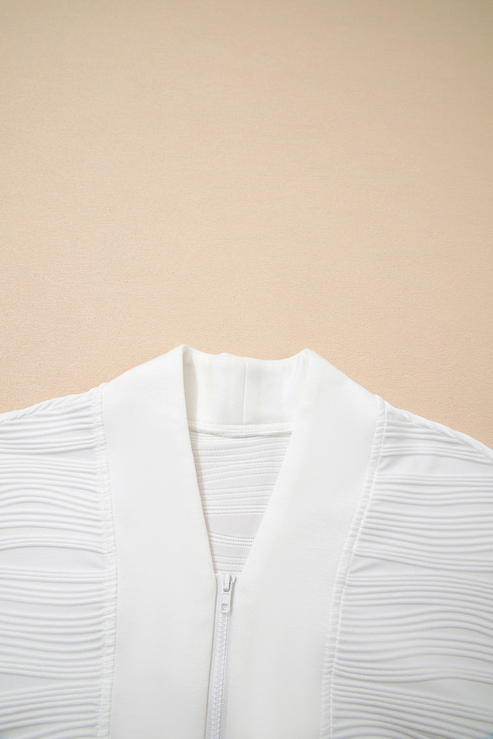 White Solid Color Textured Zip V Neck Pullover Sweatshirt