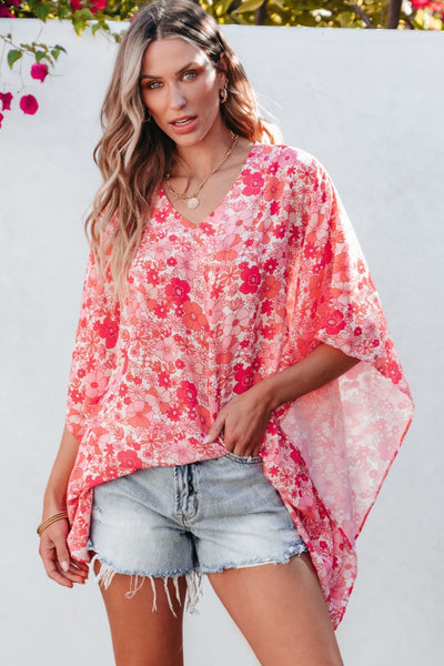 Floral V-Neck Three-Quarter Sleeve Blouse - Sybaritic Bags & Clothing
