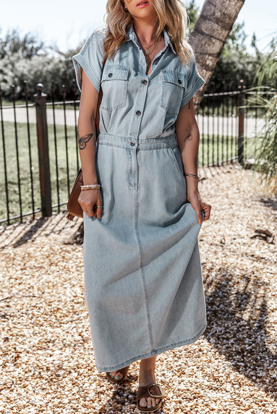 Beau Blue Short Batwing Sleeve Slit Back Denim Dress