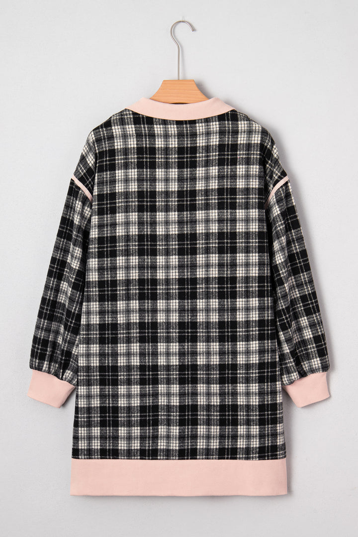 Black Plaid Polo Collar Zip up Contrast Trim Shift Long Sleeve Mini Dress