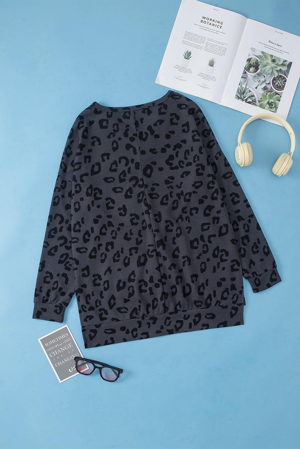 Gray Leopard Print Button Split Neck Waffle Sweatshirt