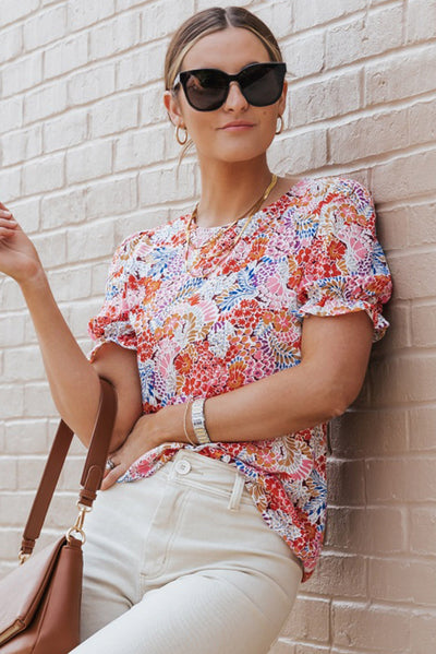 Multicolor Mix Floral Pattern Bubble Sleeve Blouse