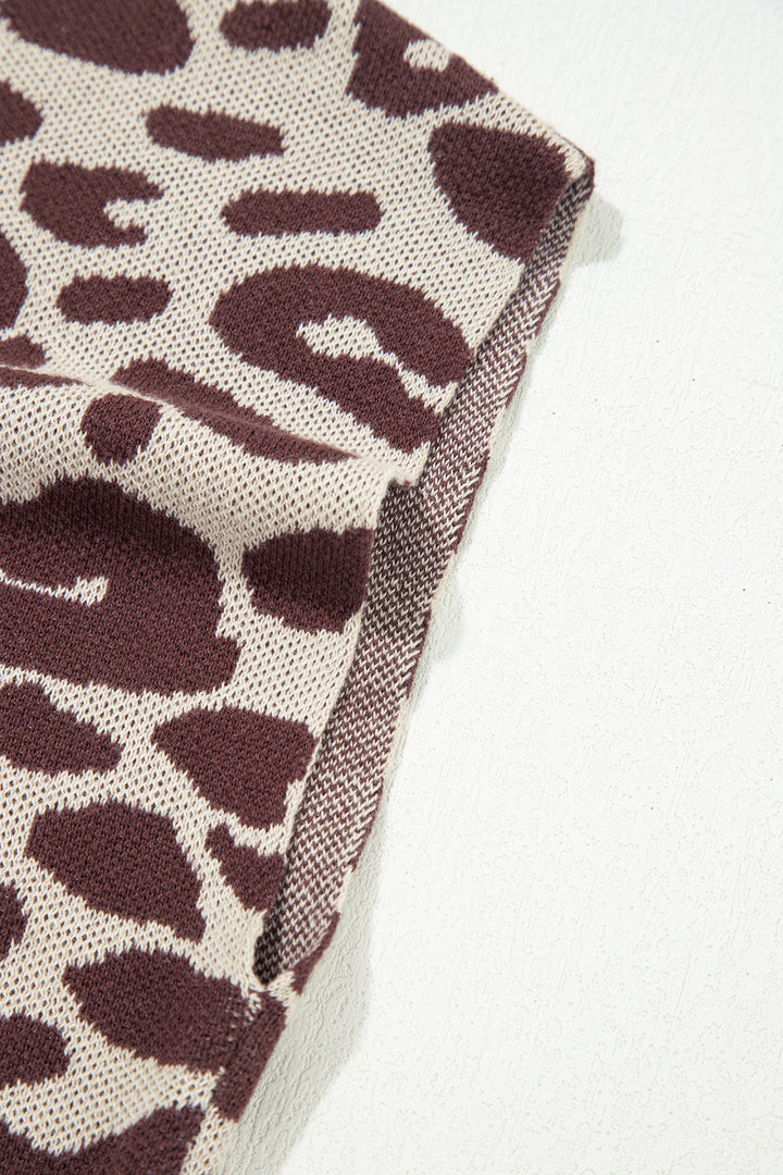 Khaki Leopard Print Short Sleeve Knit Loose Pullover Sweater