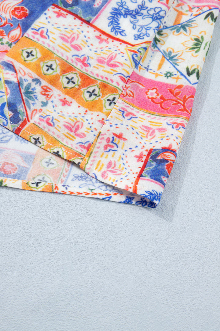 Red Mixed Print V Neck Short Sleeve Blouse