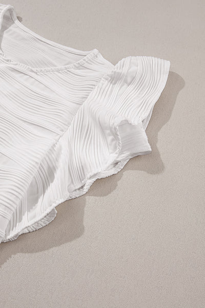 White Wavy Textured Ruffle Sleeve Top