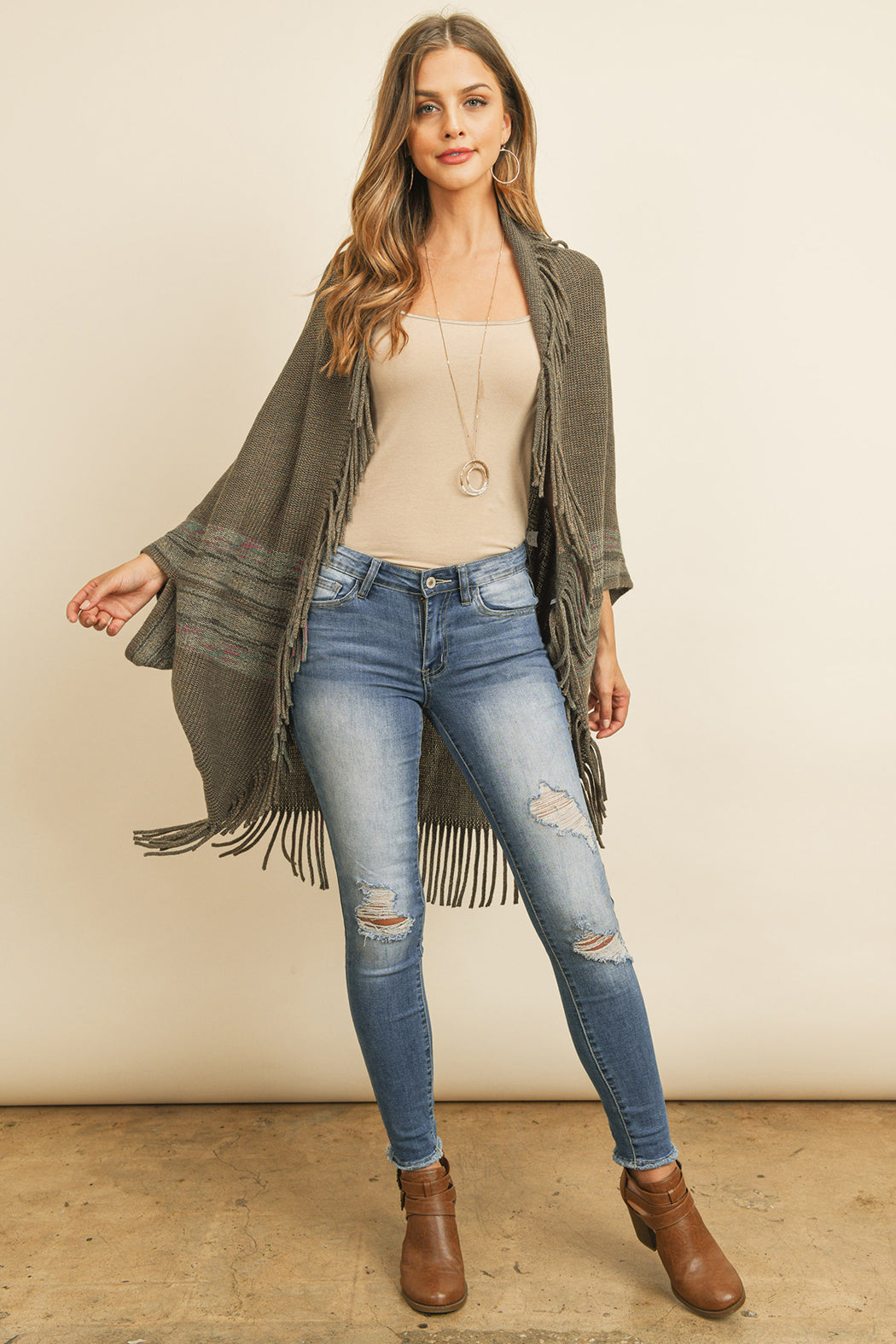 Fringe Stripe Open Front Kimono