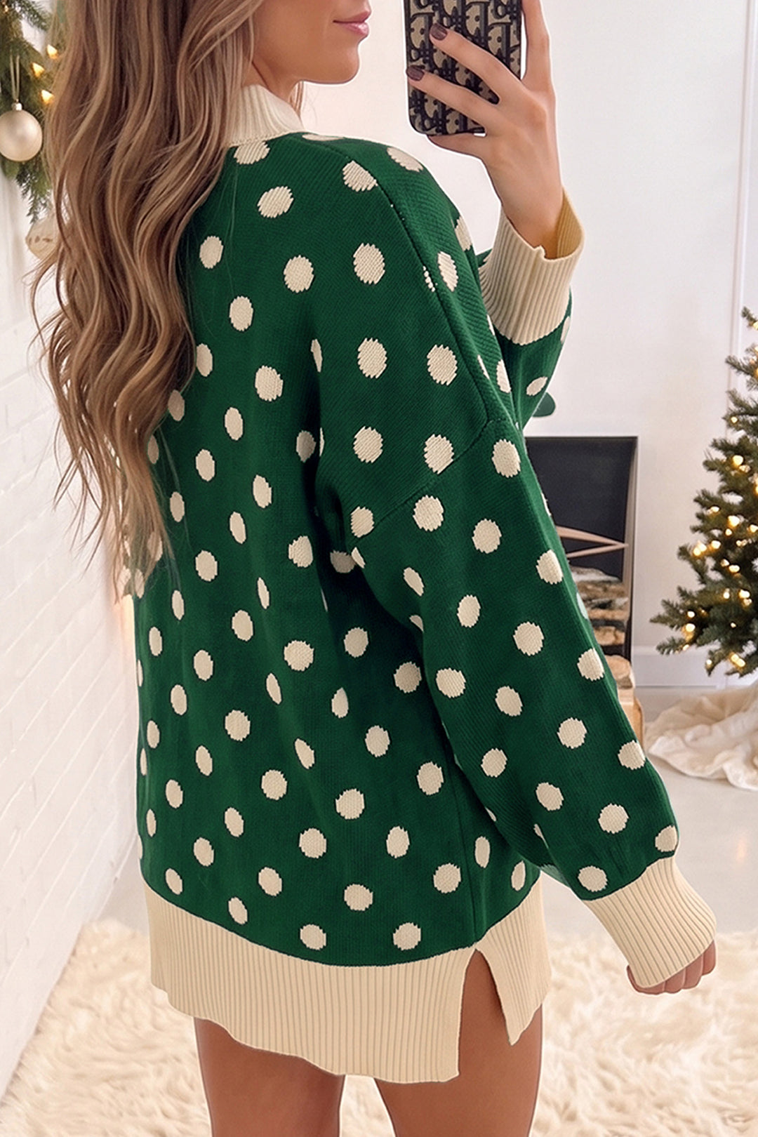 Green Polka Dot Pattern Ribbed Colorblock Trim Split Tunic Sweater
