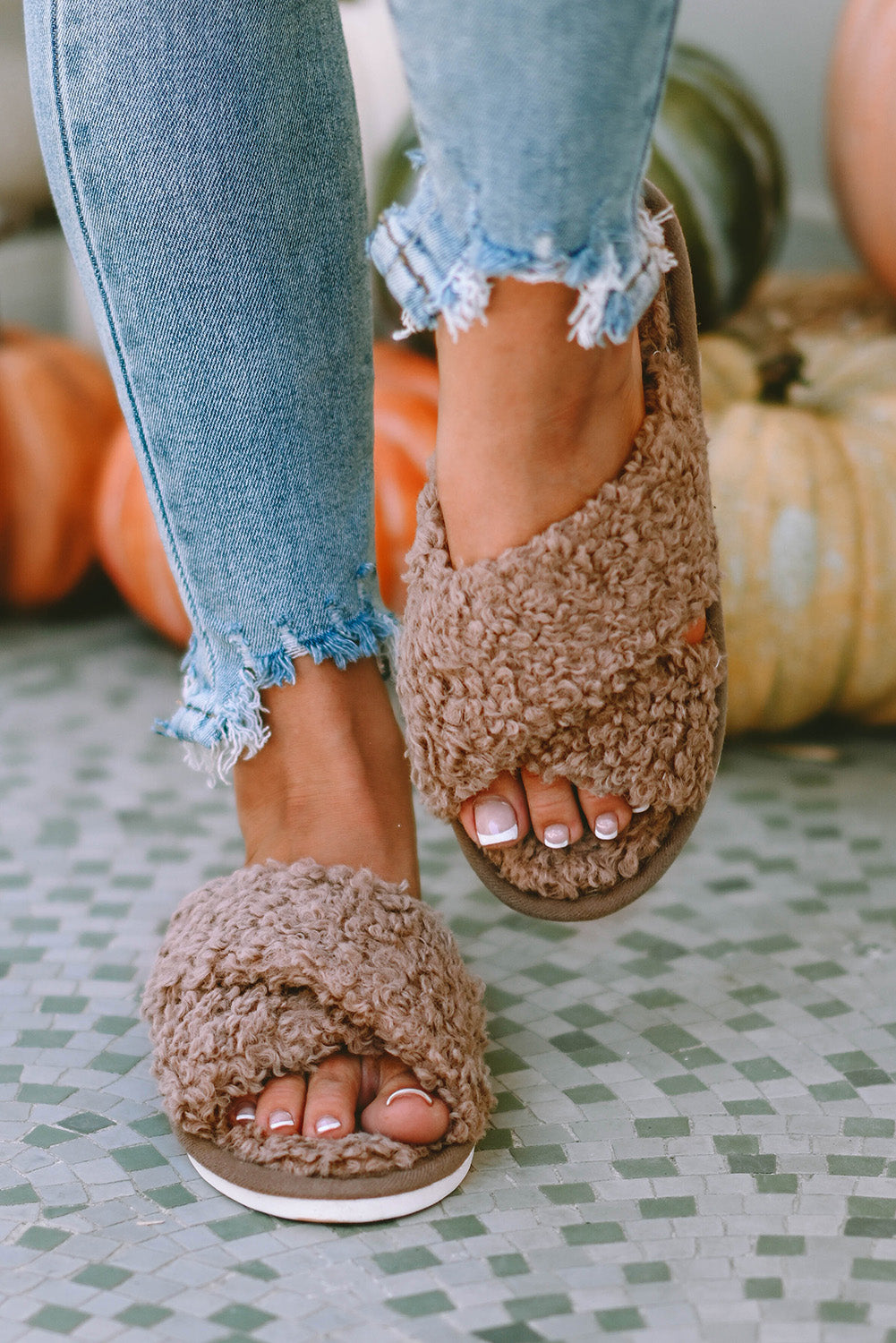 Brown Teddy Fur Cross Straps Home Slippers