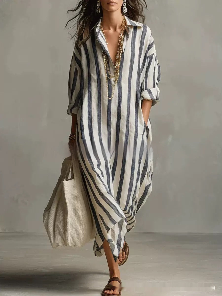 Striped Lapel Collar Dress – Side Slits &amp; Pockets
