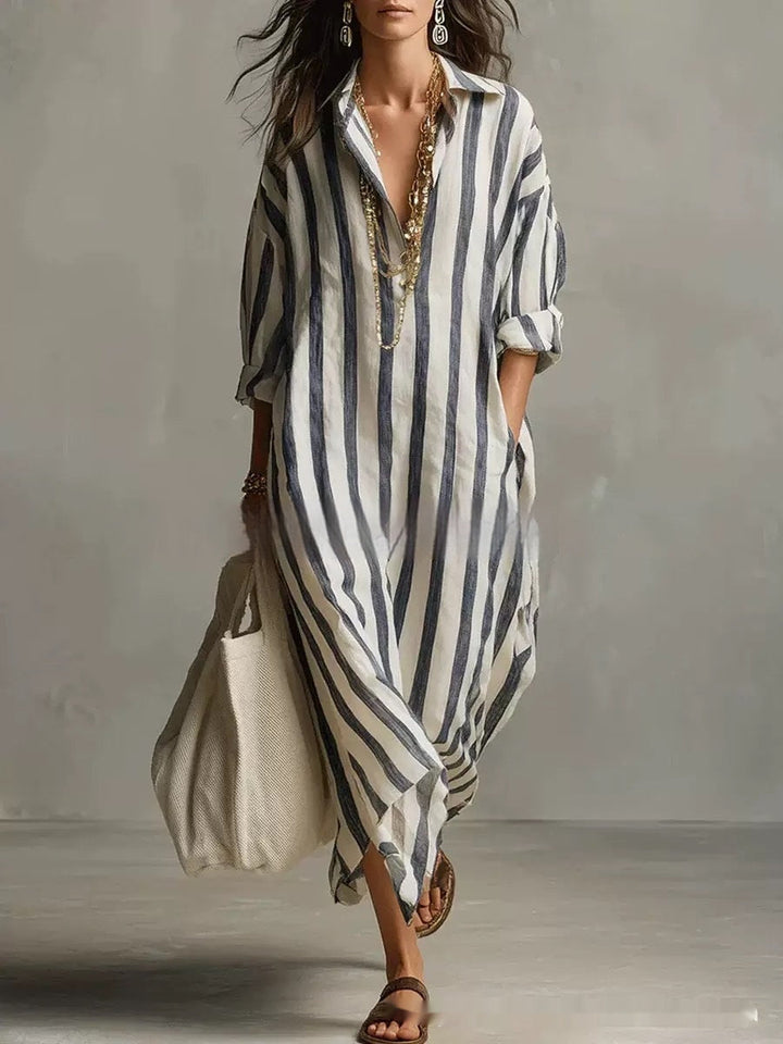 Striped Lapel Collar Dress – Side Slits &amp; Pockets