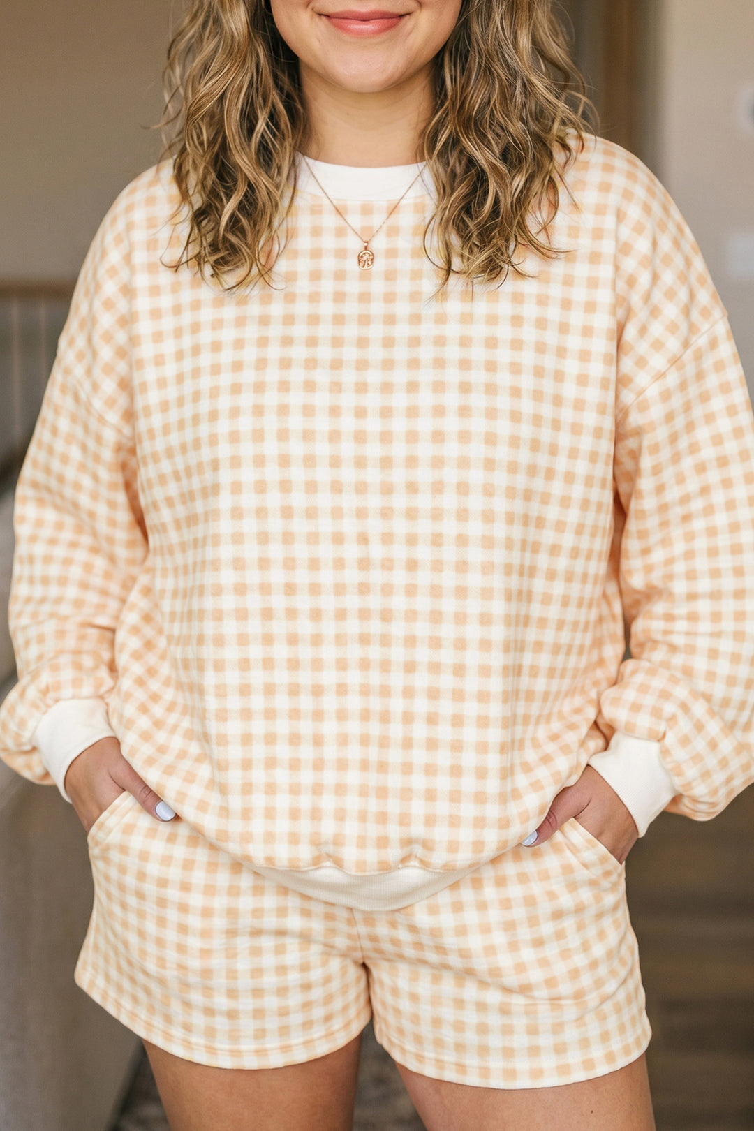 Sky Blue Gingham Loose Pullover Top Drawstring Shorts Plus Size Set