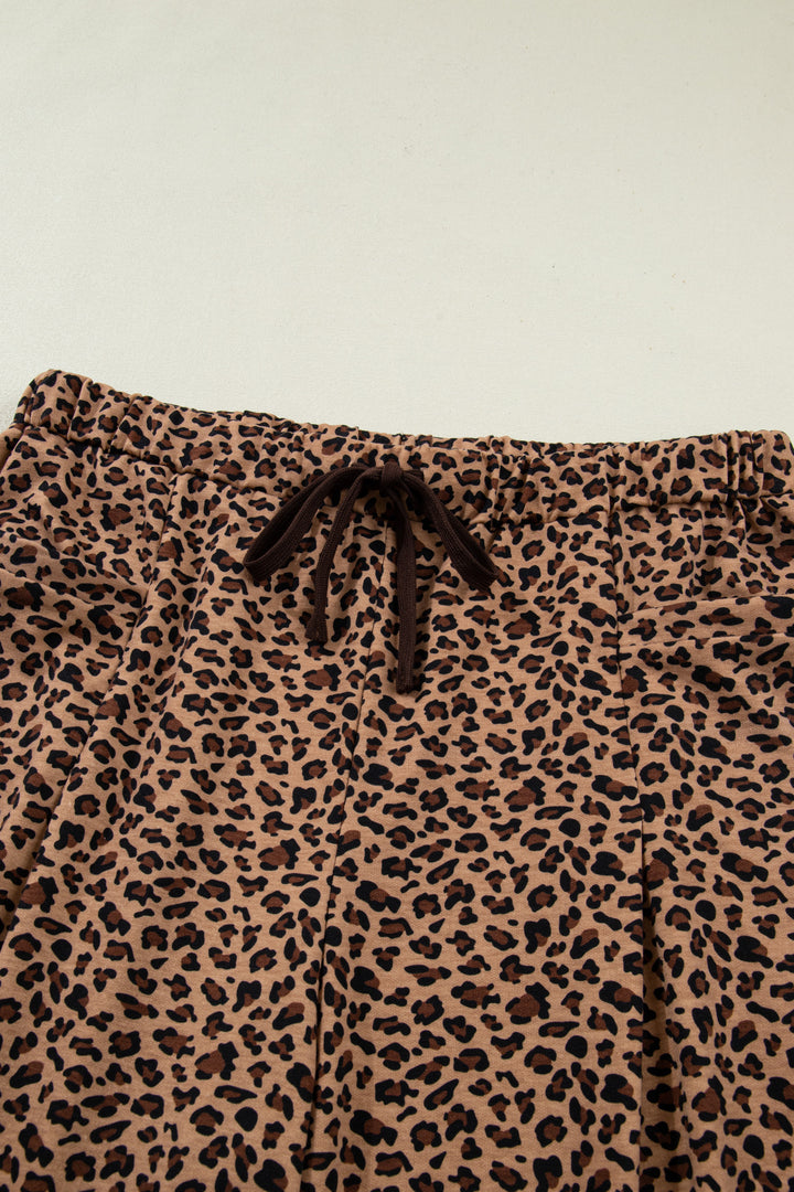 Brown Plus Size Leopard Loose Top Pleated Pants Set