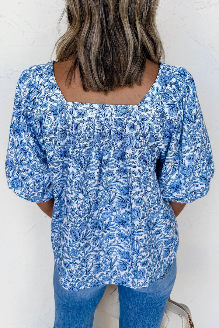 Sky Blue Square Neck Short Puff Sleeve Pleated Floral Blouse