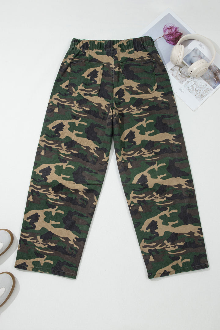 Green Camouflage Print Drawstring Patch Pocket Barrel Jeans