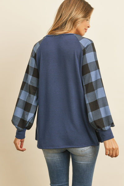 Plaid Puff Sleeved Round Neck Top